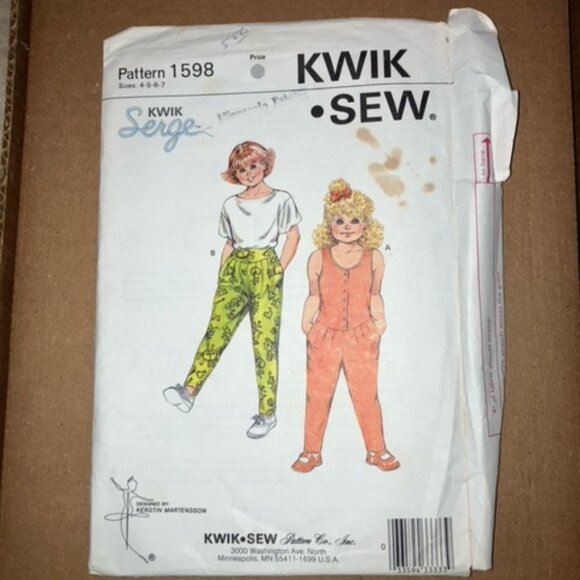 KWIK SEW #1598 - GIRLS SUMMER DROPPED WAIST JUMPSUIT YOKED PANTS SEWING PATTERN - Picture 1 of 2